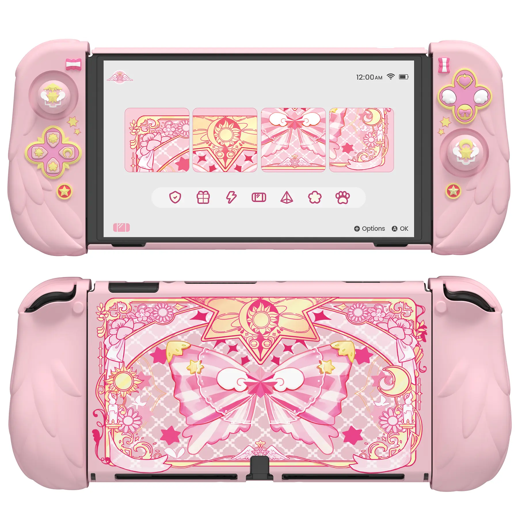 PlayVital Protective Case [for Nintendo Switch OLED(2021 version)]  with Extra Stand - Magic Wings Dockable Hard Shell Cover + Silicone Grips for Switch OLED with Thumb Grip Caps, Daily Protection - Pink