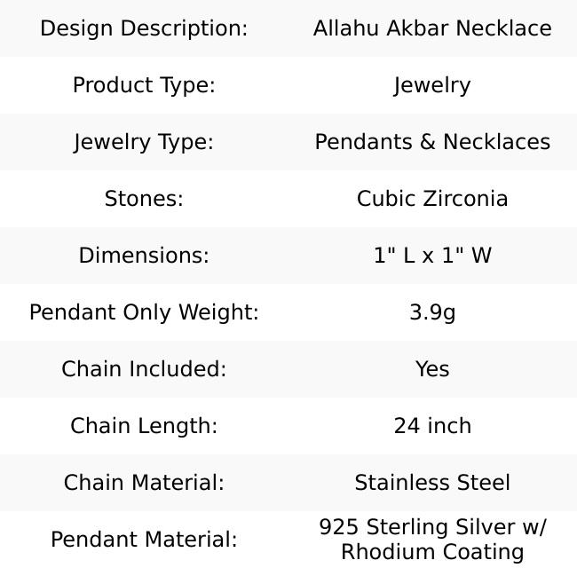 Sterling Silver CZ Allahu Akbar Pendant Necklace