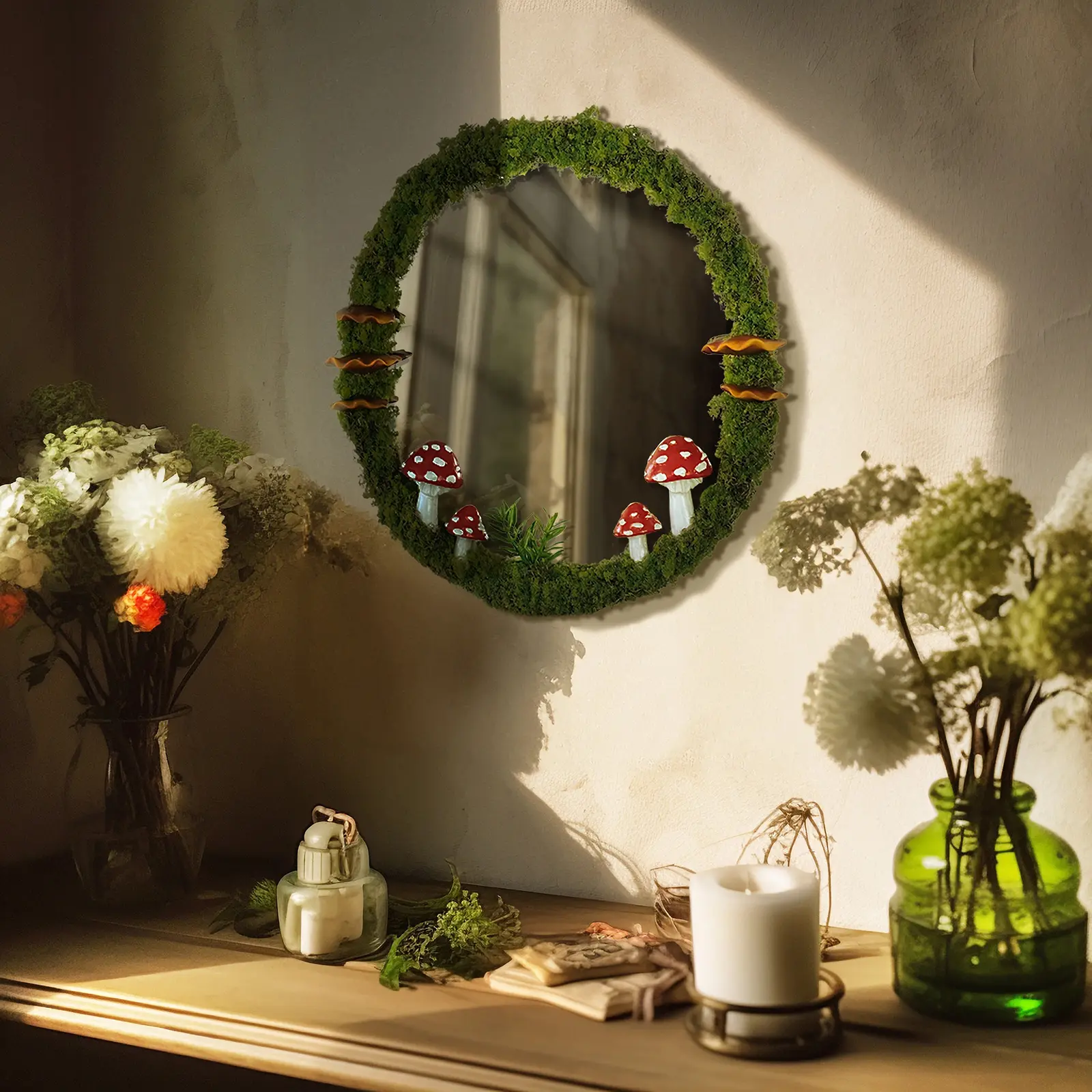 Handmade Moss Frame Round Wall Mirror - Cottagecore Bathroom Fixture, Whimsical Nature-Inspired Room Decor for Home Improvement