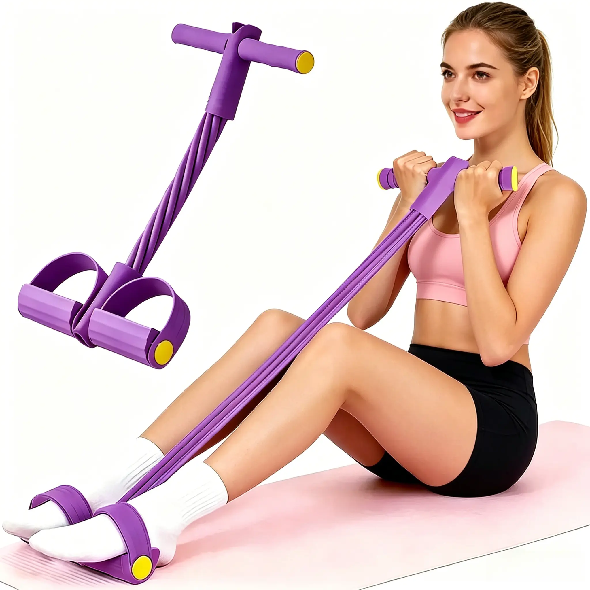 6-Strand Heavy Duty Abdominal Crunch Machine - Fitness Accessories, Non-Slip Foot Pedal, Resistance Bands, Core Strength Training, Sit-Up Assist, Portable Beginner Abs Workout Exercise Equipment for At Home Gym