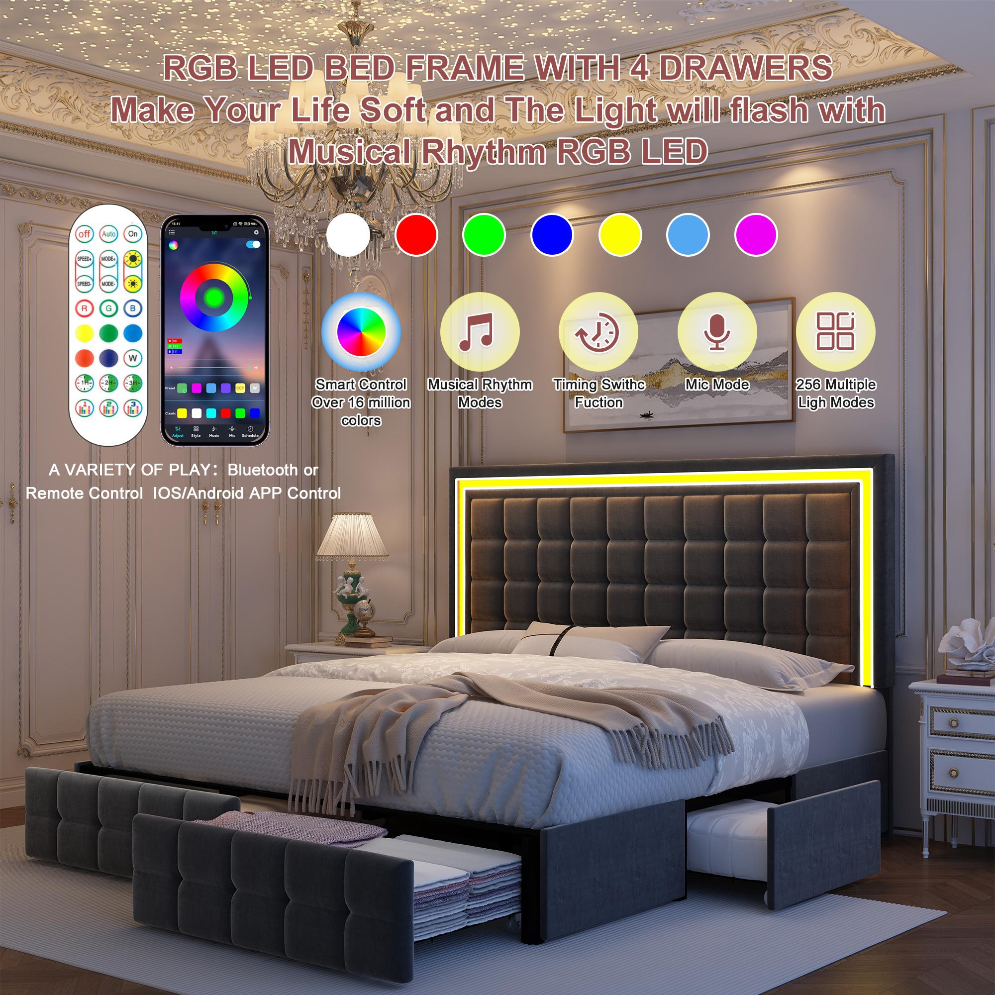 GEGOFORU Queen LED Storage Bed Frame with 4 Drawers, Smart RGBW LED Headboard with Remote Control, PU Upholstered Modern Platform Bed, Gray (Cama Queen con LED y Cajones)