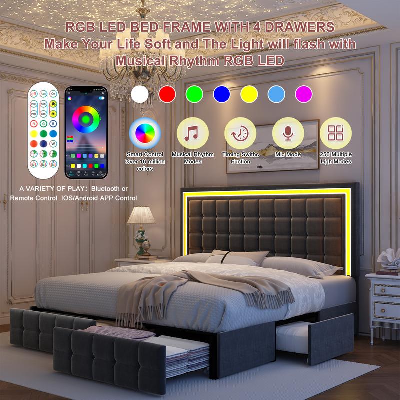 GEGOFORU Queen LED Storage Bed Frame with 4 Drawers, Smart RGBW LED Headboard with Remote Control, PU Upholstered Modern Platform Bed, Gray (Cama Queen con LED y Cajones) GEGOFORU Queen LED Storage Bed Frame with 4 Drawers, Smart RGBW LED Headboard with Remote Control, PU Upholstered Modern Platform Bed, Gray (Cama Queen con LED y Cajones)