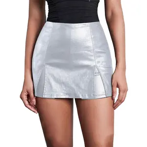 Women's Solid Color Zipper Split Hem High Waist Skirt Shorts, Fashion Casual Pu Leather Skirt Shorts for Daily Outdoor Wear, Ladies Bottoms, Bodycon Skirt Elastic Nightclub Short Skirt