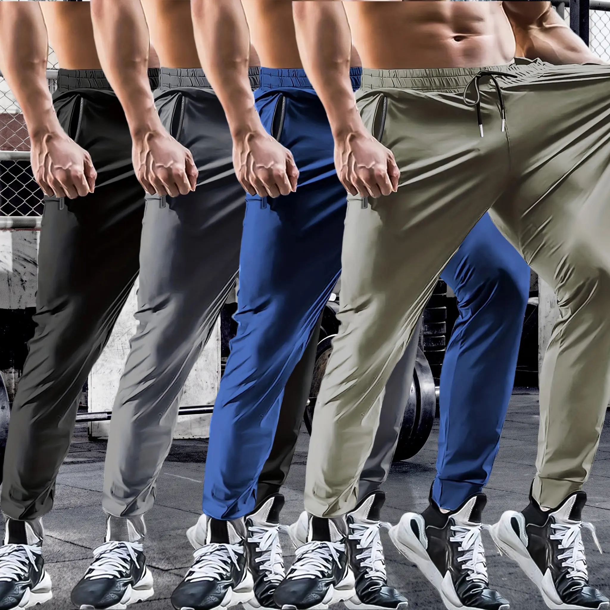 Veiskor-Men’s high-stretch quick-dry jogger pants for summer-lightweight, breathable, elastic drawstring waist, side zipper, anti-theft pockets; versatile casual long pants for fitness, running, outdoor activities, and commuting.