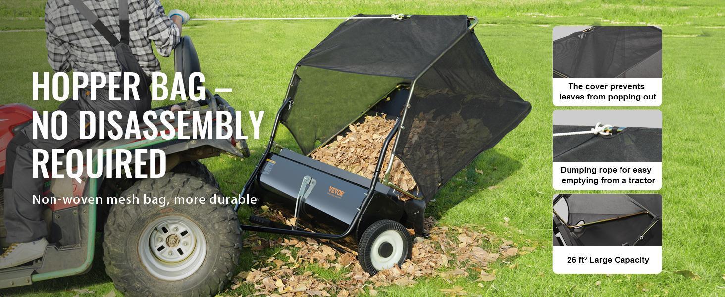VEVOR Lawn Sweeper, 48.5"/26 cu. ft Large Capacity Tow Behind Yard Sweeper, Dumping Rope Design & Heavy Duty Leaf & Grass Collector with Adjustable Sweeping Height for Picking up Debris and Grass