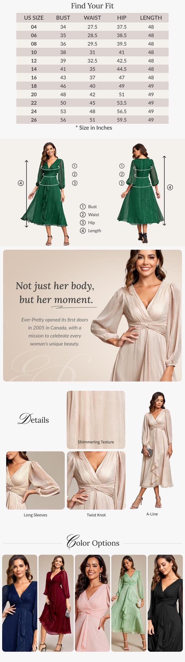 Ever-Pretty 2026 Spring Elegant & Flattering Chiffon Midi Dress with Deep V-Neck, Puff Sleeves and Twist Knot Waist – Size Inclusive for Special Occasions, – Wedding Guest & Evening Holiday Party Dress, Formal dress 01977