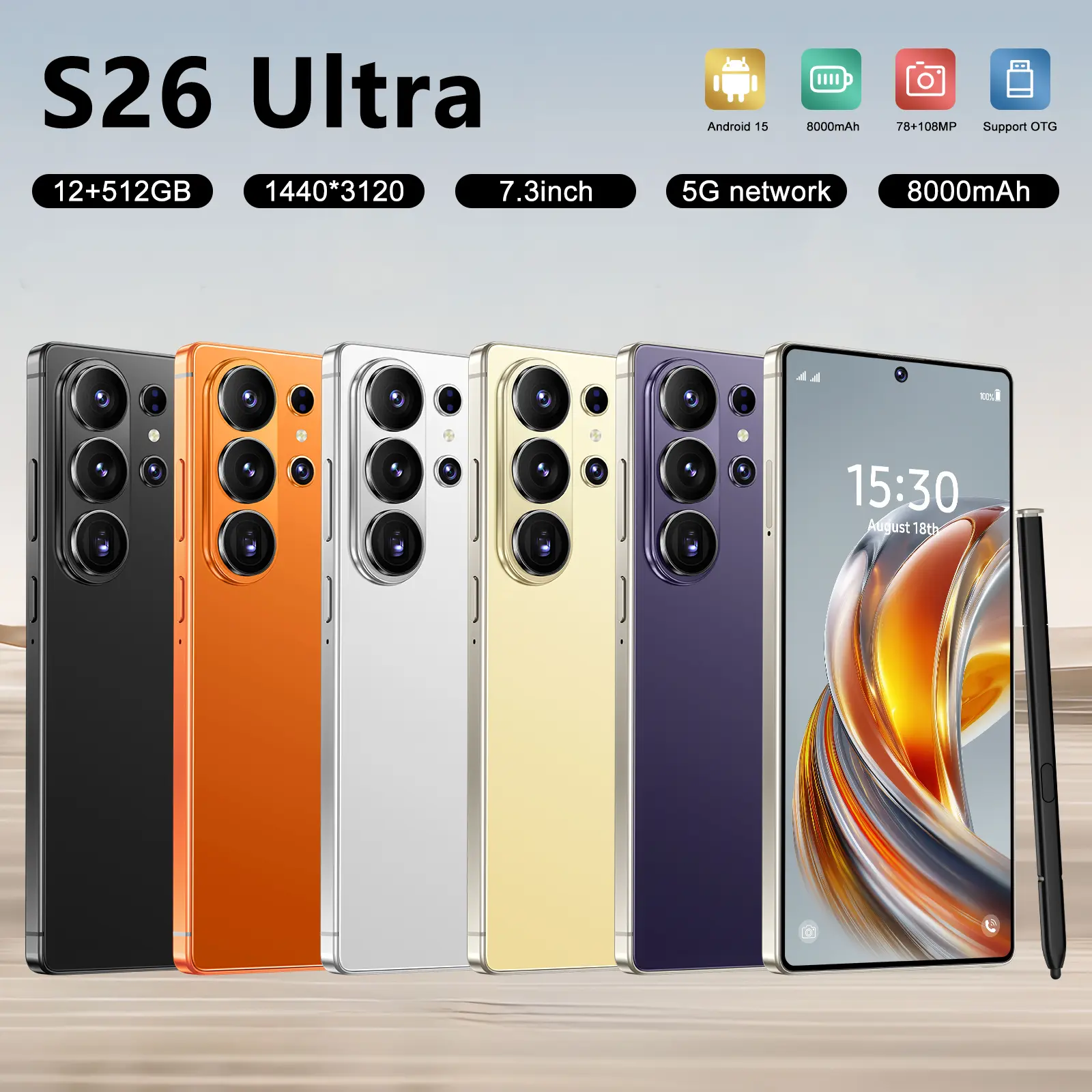 2026 S26 Ultra 5G Global Unlocked Smartphone, Android 15, 12GB+512GB Large Storage, 6.99" HD Visual Display, 78MP&108MP Camera Setup, 8000mAh Battery, Dual SIM Support, Built-in Pen, Face ID, Protective Case & Screen Film Included
