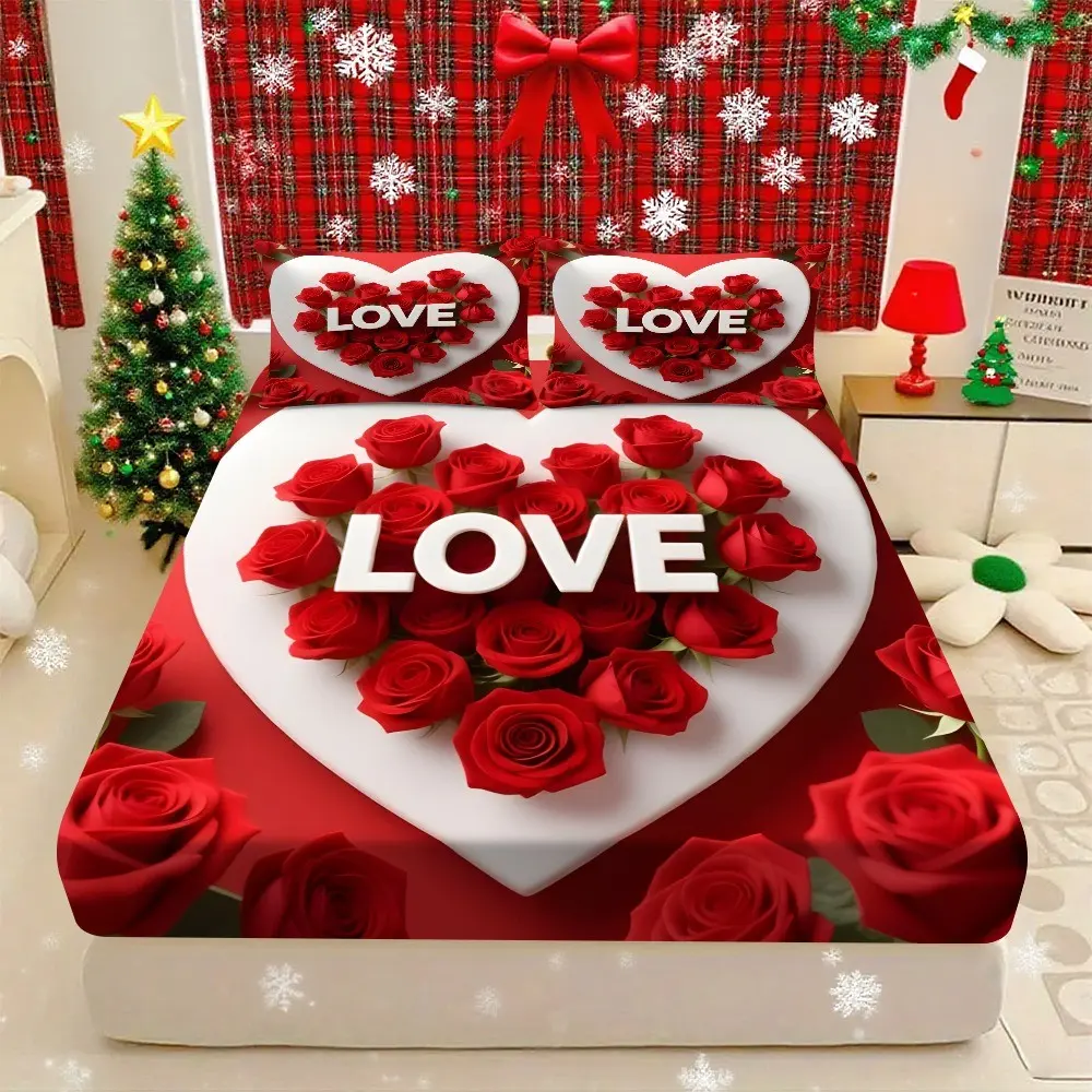 Valentine's Day Bedding Set, Heart Rose Love2d Print, Soft Comfortable Sheet Set (1 Fitted Sheet + 2 Pillowcases), Bed Linens, Bed Sheets, No Fillers Included