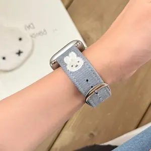 Miffy Cute Embroidered Bunny Watch Band for Iwatch 6-9 & S10/S11 Adjustable Denim Strap with Buckle Durable Fitness Accessory