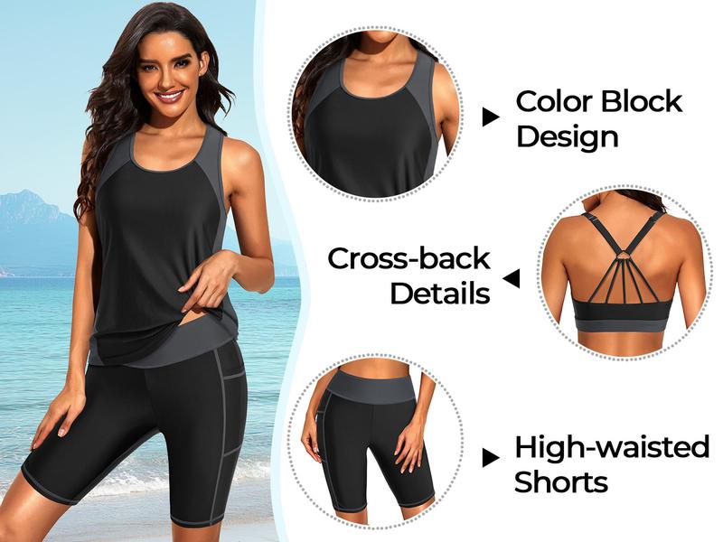 Tempt Me Women Three Piece Tankini Swimsuits - Athletic Bathing Suits Swim Tank Top with Boy Shorts and Bra Modest Swimwear