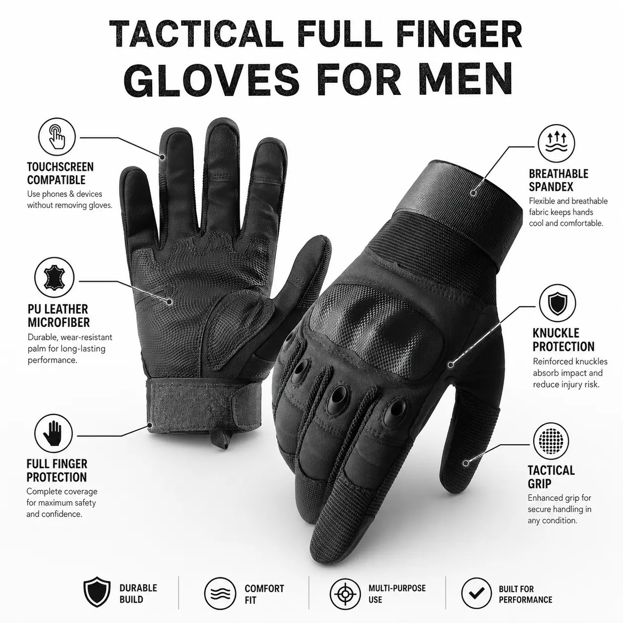 PAKNADA Adult Tactical Gloves - Rugged Full Finger, Touchscreen Compatible, PU Leather Microfiber Lightweight Protective Gear, for Military Fight Training, Hunting & Everyday Outdoor Use, All Seasons Accessories
