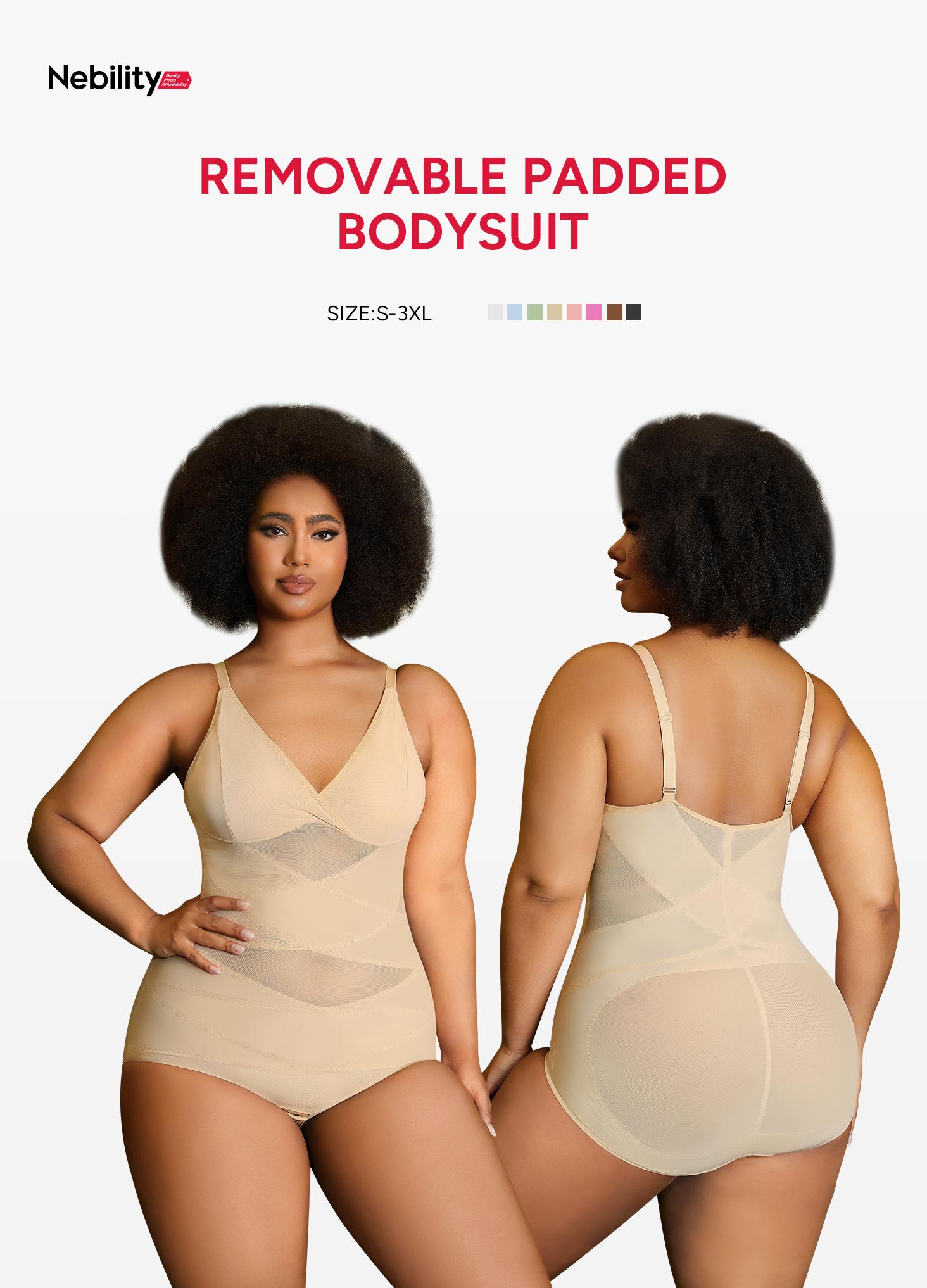 [MAX] Nebility Women's Vneck Bodysuit Shapewear - Built-in Bra, Mesh Breathable Compression, Sleeveless High Waisted, Basic Minimalist Comfort Womenswear Black&Black