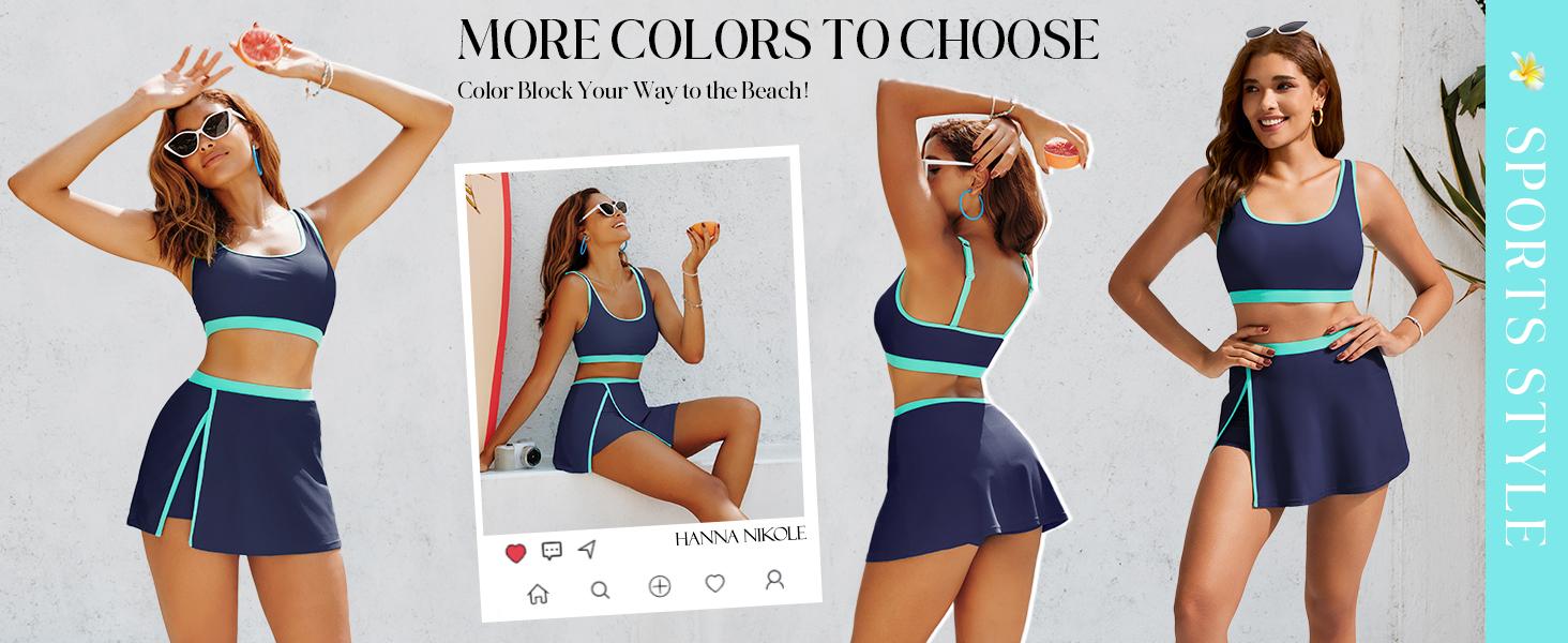 【S-2XL】Hanna Nikole Bikini Sets for Women Color Block Swimsuits with Side Slit Swim Skirt #TikTokShopBlackFriday