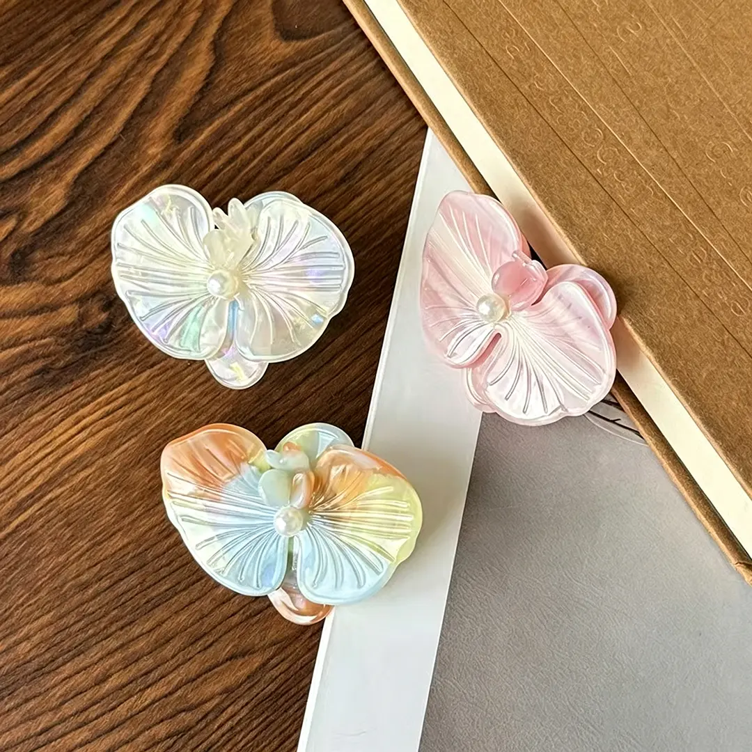 2-Pack Butterfly Orchid Hair Clips, French Vintage Acetate Barrettes with Pearl Accents for Women, Boho & Fairy Aesthetic Jewelry for Wedding Ceremony, Boho Hair, Biodegradable, Snap Clips, Barrette Hair Clips