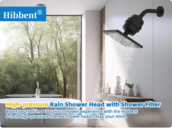Hibbent Metal Filtered Shower Head, 6'' High Pressure RainShower Head, 20 Stage Shower Filter for Hard Water Softener, Bathroom Rainfall Shower Head to Remove Chlorine and Heavy Metals, Matte Black