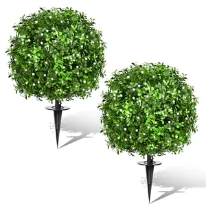 Artificial Topiary Bushes for Outdoors with Spike, Boxwood Ball Fake Shrubs UV Resistant Faux Plants for Indoor Outdoor Fall Thanksgiving Halloween Decor (Gypsophila Boxwood White-2 Packs)