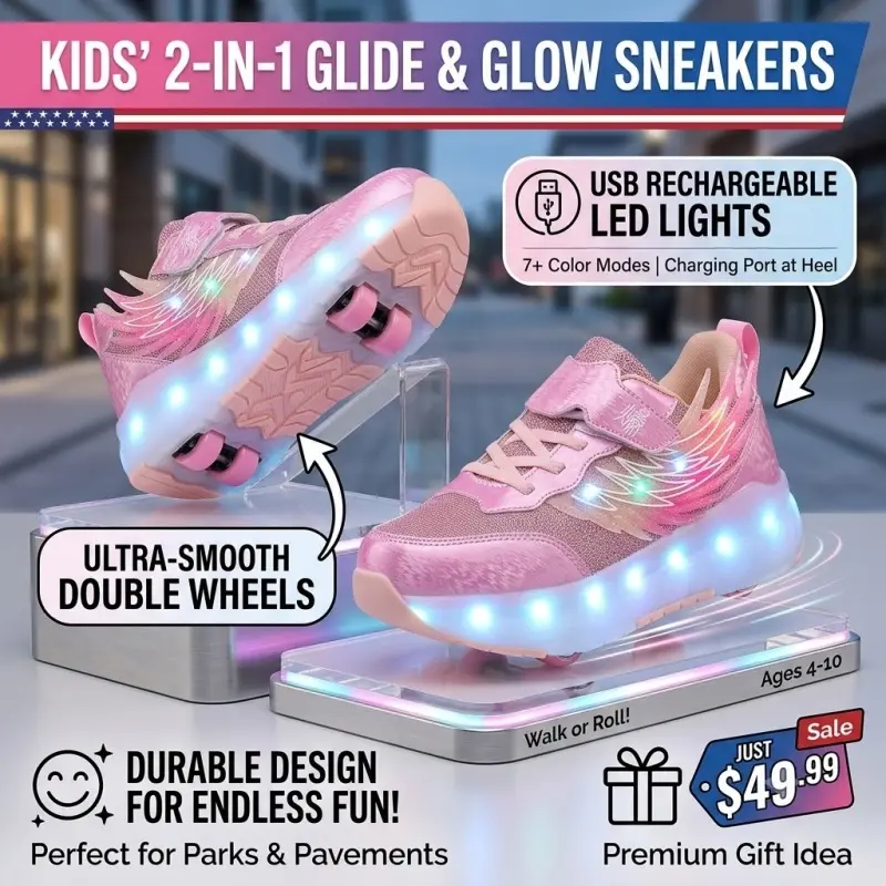 Girls' LED Angel Wing Roller Skate Sneakers - 4 Detachable Hidden Wheels, Breathable Mesh, Adjustable Hook & Loop Strap, Convertible Rubber-Synthetic Foam Round Toe, All Season Adjustable Fit Kids Outdoor Footwear