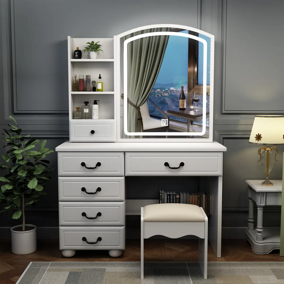 Sturdy Iron Makeup Vanity Desk with Large Lighted Mirror - Lighting+, 3 Color Adjustable Brightness, 6 Drawers, Vanity Setup, Indoor Furniture Organization & Storage