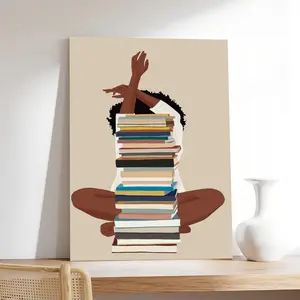 Black Girl Canvas Wall Art, African American Art Wall Decor, Book Lover Art Print, Modern Black Woman With Book Art Poster for Bedroom Decor Abstract Design Artistic