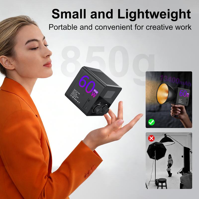 RGB COB Video Light - Compatible with Tripod - 60W USB Charging - Wireless Fill Light, 24 Scene Modes, 13400mAh Battery (5-hour battery life) Suitable for Vlogs, Live Streaming, Photography, and Professional Studio Lighting
