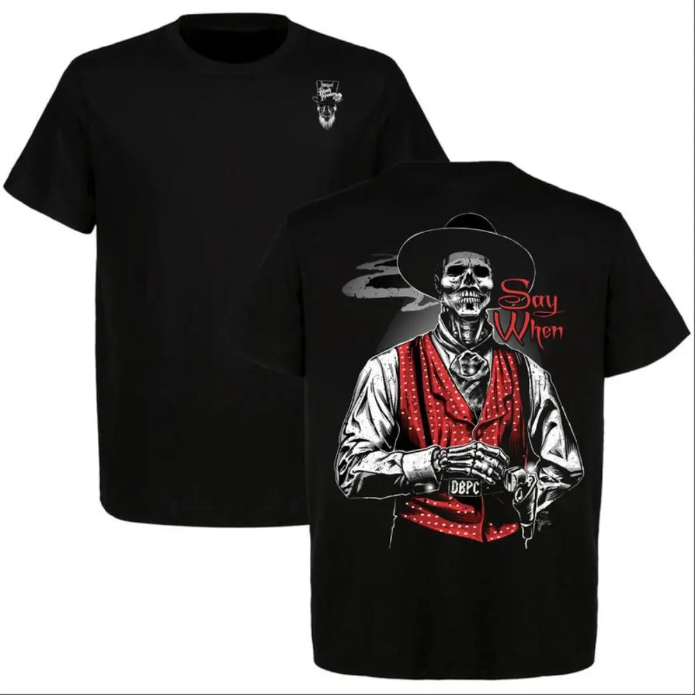 Tombstone 'Say When' Vintage Tee for Men, Retro Style Doc Holliday Short Sleeve Top with Double-Sided Print and Herringbone Accents
