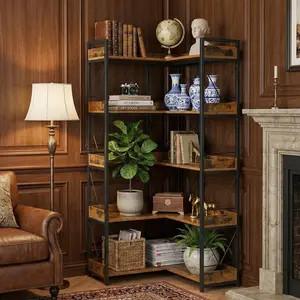 65 inch L Shaped Corner Bookshelf, 5 Tier l Bookcase with Open Storage Shelves,Industrial Wooden Bookcase with Metal Frame for Home Office, Living Room, Bedroom