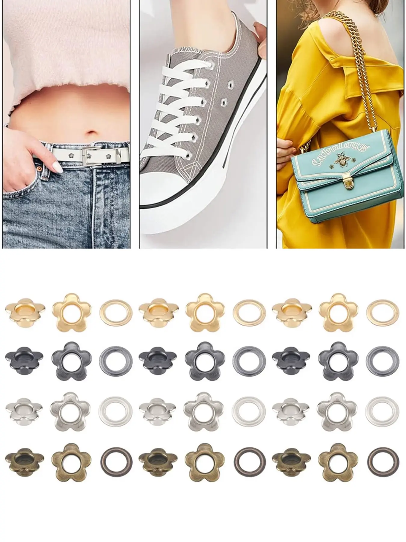 Flower Metal Material Eyelets Bulk Quantity Floral Pattern Grommets Rivet Eyelet Findings with 5mm Hole for Leather Scrapbooking Belt, Bag, Fabric Clothes, Shoe Eyelets, Bookmarks, DIY Craft Making