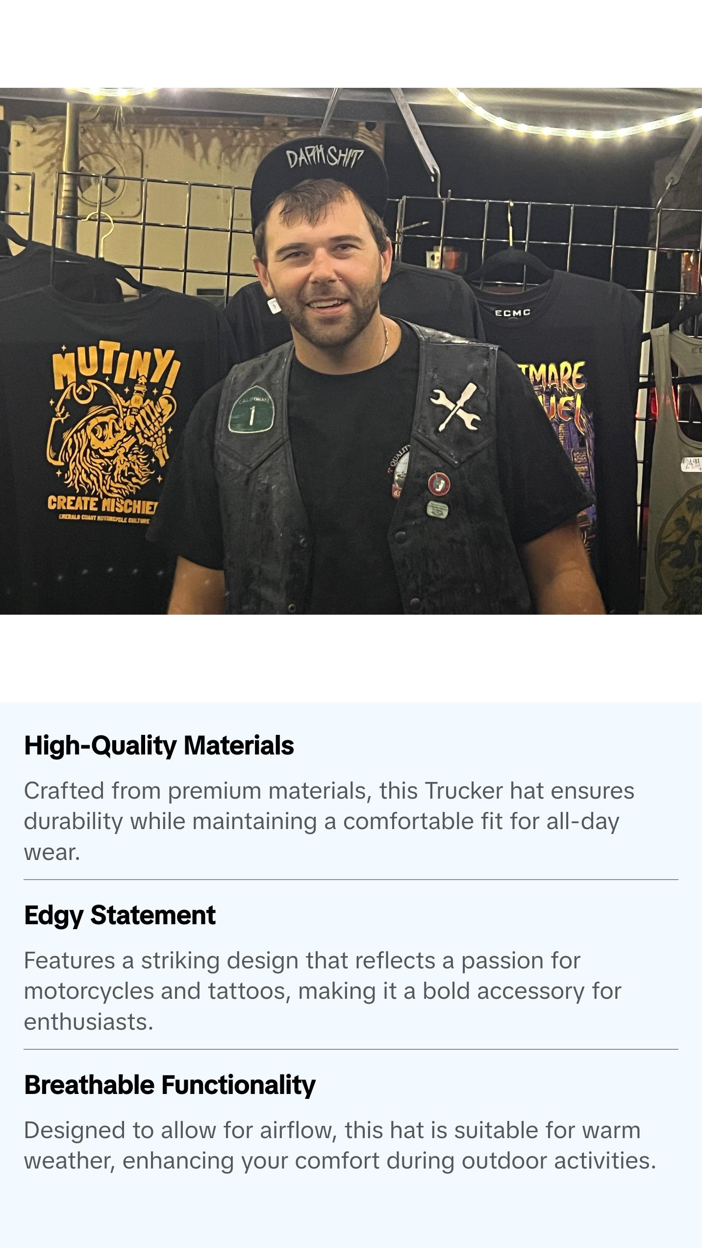 Motorcycles, Tattoos, Dark shit Trucker hat