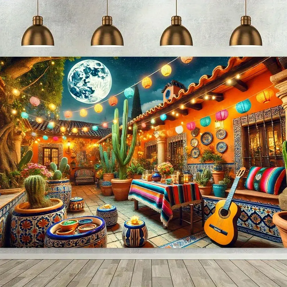 1pc Glam Soft Texture Durable Polyester 2D Flat Backdrop Banner - Cultural Fiesta Mexican Courtyard Night Scene Design, Vibrant Tiled Patio, Cacti, Serape Tablecloth Accents, Ideal for Indoor Use