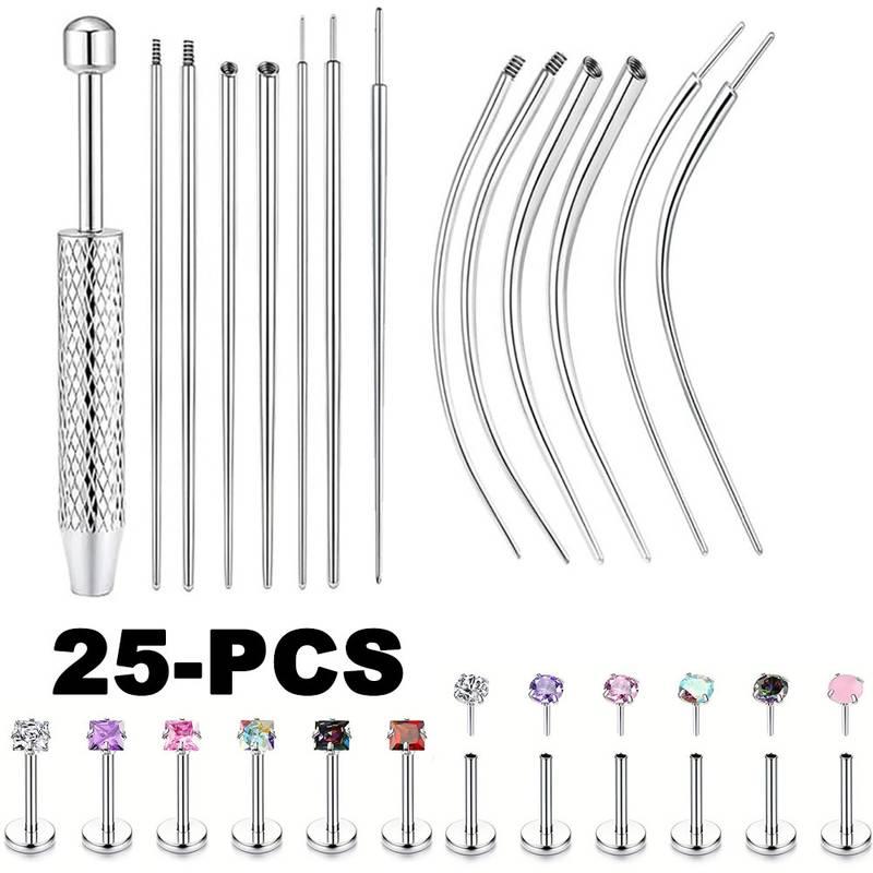 2D Flat - 25pcs Stainless Steel Body Piercing Jewelry Set | Taper Ball Grabber Tool, Charm Ear Studs, Nose Studs, Multi-Color, Synthetic Cubic Zirconia Earrings, 14G 16G 18G 20G, Flat Back Earring Applicator Tool