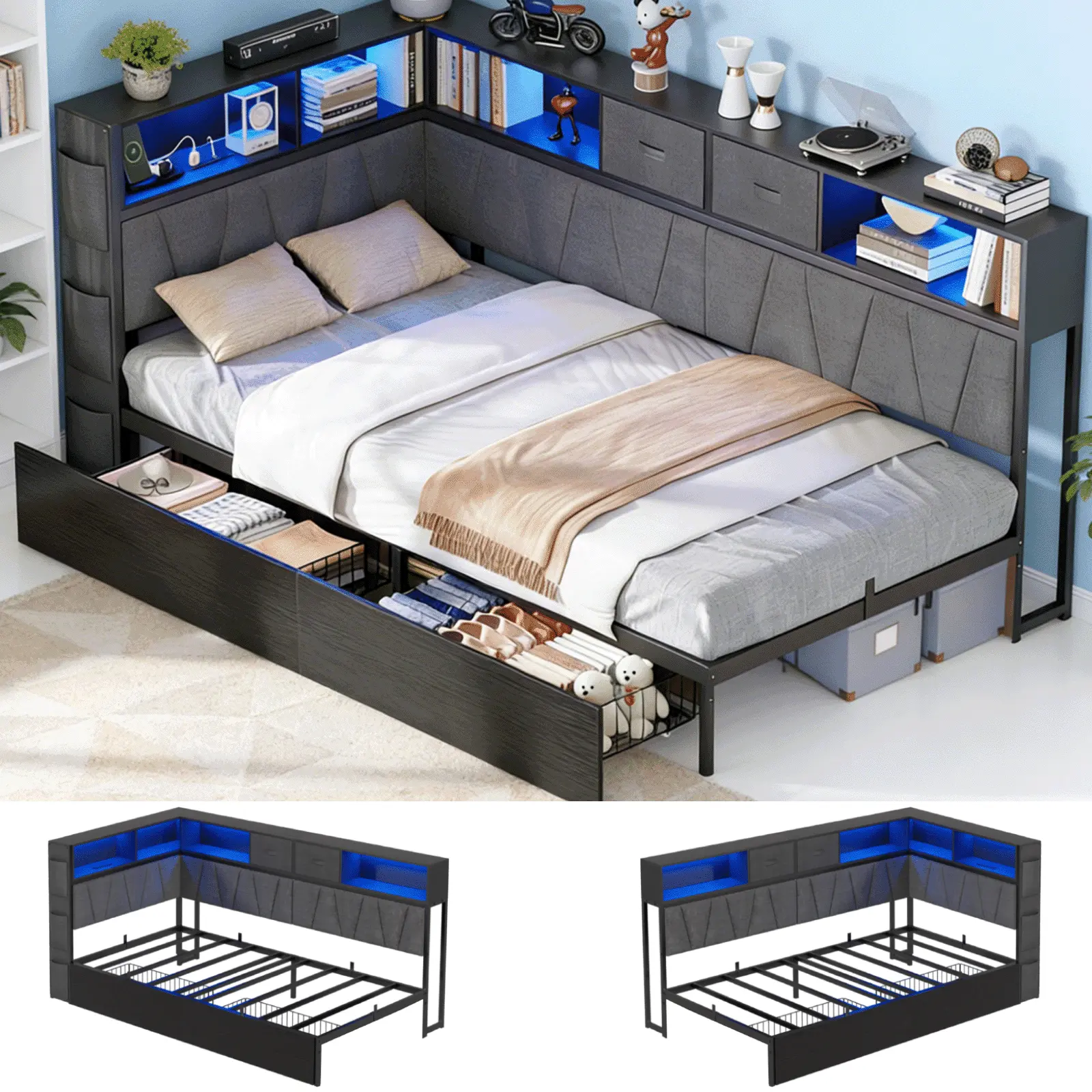 RGB LED L-Shaped Corner Metal Bed Frame with Storage Headboard, APP & Remote Controlled Color Changing Lights, Built-in AC USB Type-C Charging Station, 2 Movable Under Bed Storage Drawers, Heavy Duty Steel Slat Support, Twin / Twin XL Size