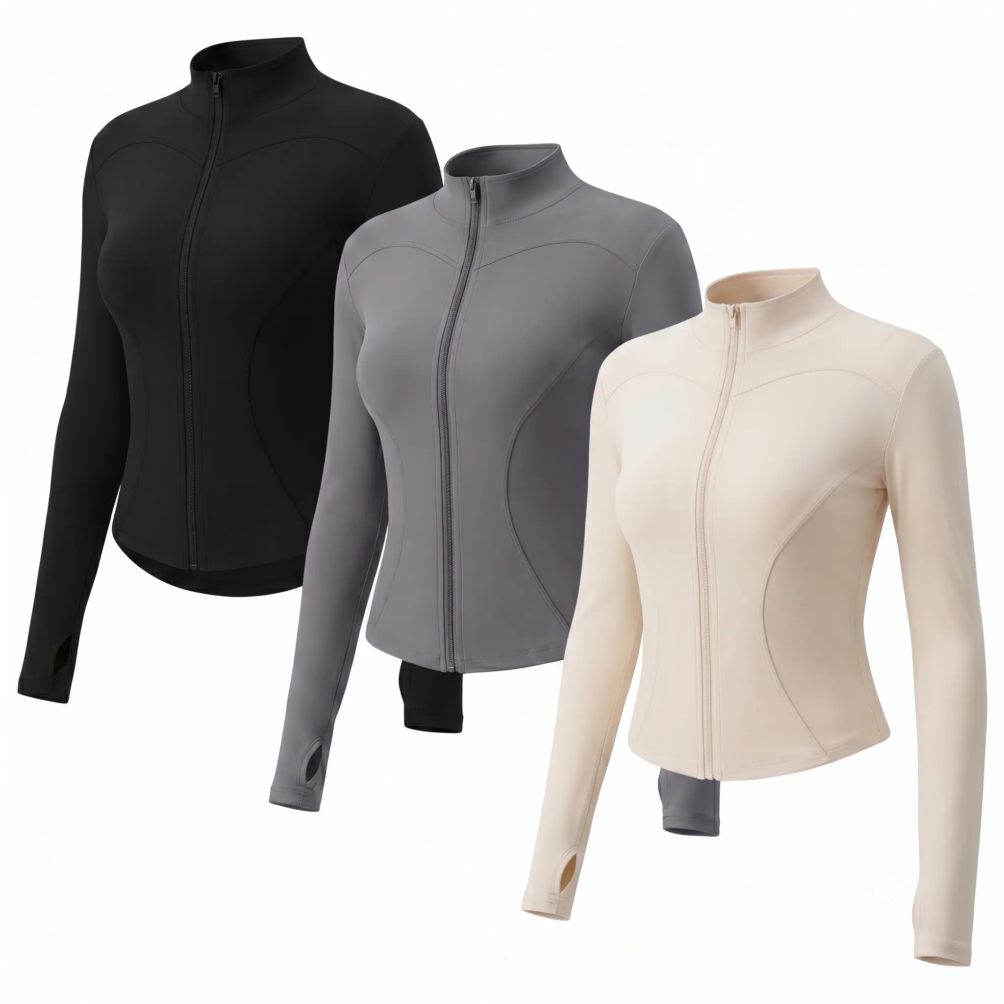 3-Piece Women's Solid Color Curve Design Activewear Set - Long Sleeve Thumb Hole Zip-Up Jacket & Flared Pants Yoga & Athletic Tracksuit summerwins