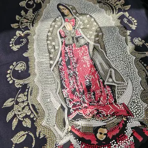 Virgin Mary Rhinestone Tee Shirt in Black with Gold Embroidery and Floral Design