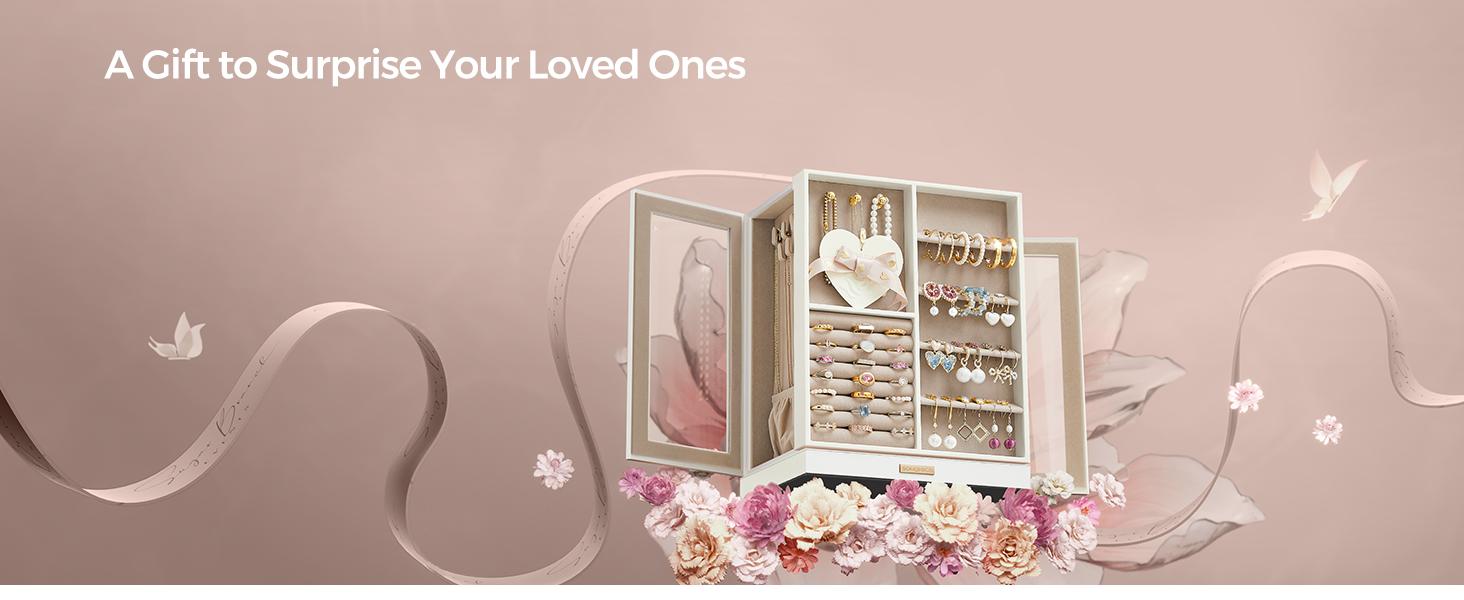 SONGMICS Jewelry Box 360° Rotating, Jewelry Storage Case with 5 Drawers,Glass Window, Spacious, Open Design, Great Gift