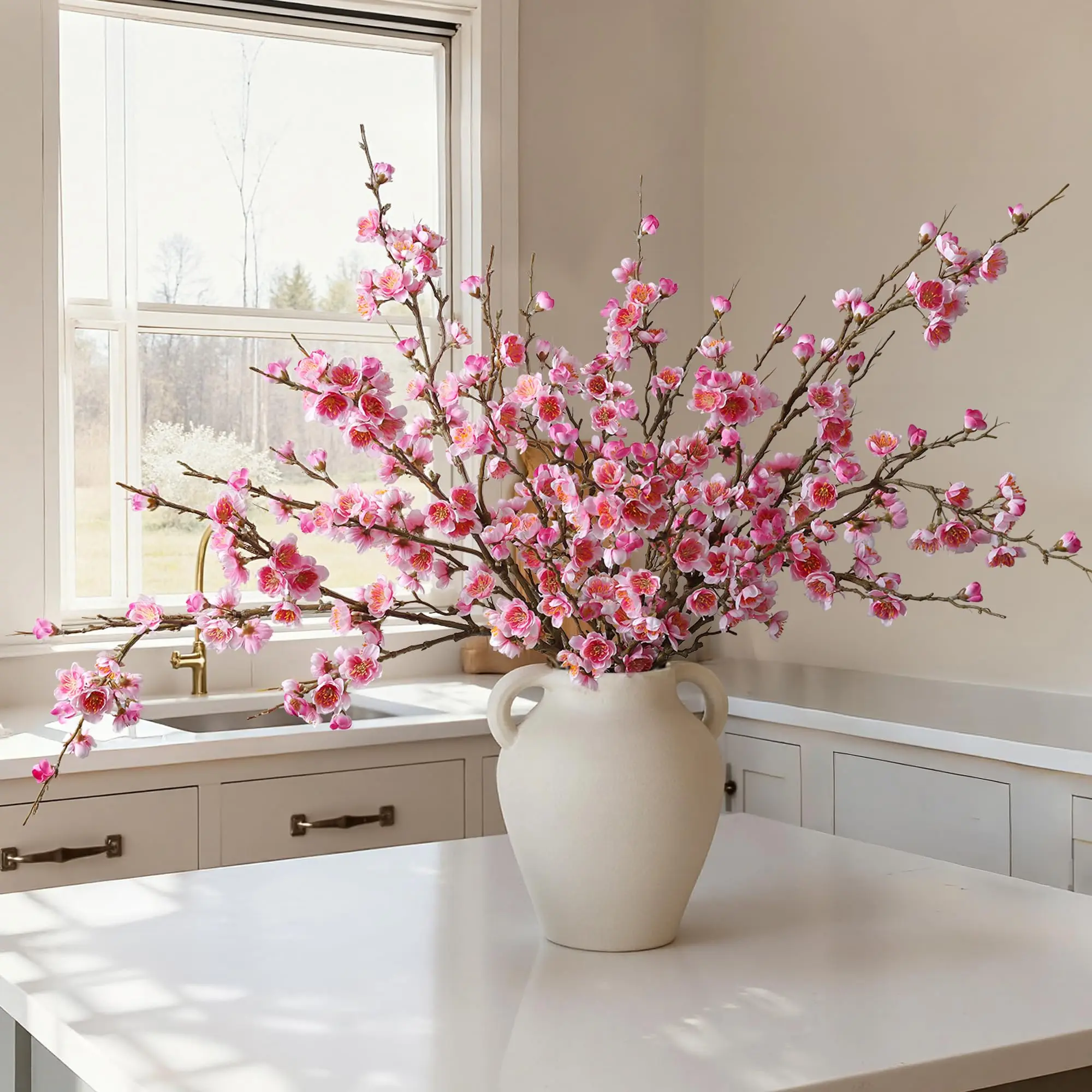 Ivydale Florisso 6 PCS Decorative Real-Touch Silk Artificial Cherry Blossom Branches, 34.45" Long Stems Faux Flowers for Home Wedding Table Decoration, Pink, Iron