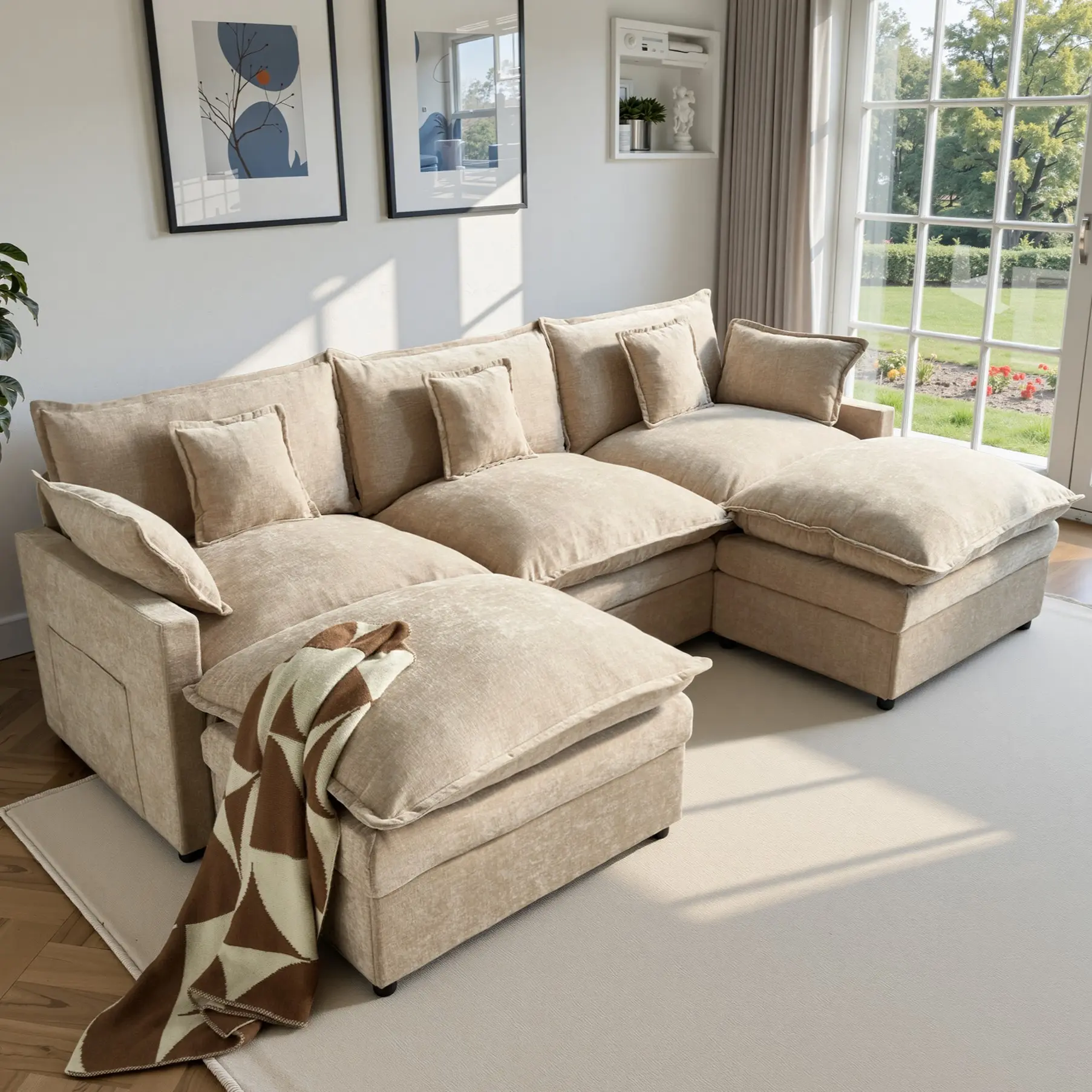 【2 Packages Shipping】 CAODOC 108" U- Shaped Modular Sectional Sofa - Comfy Cloud 3-Seater with 2 Movable Ottoman, Deep Seat Chenille Couch for Living Room, Beige Color,Comfort &  Stylish Design