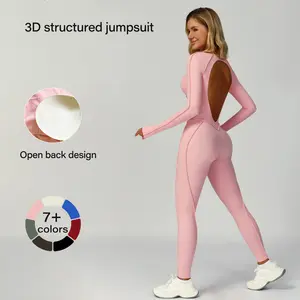 Women's Long Sleeve Open Back Fitness Bodysuit - Seamless Compression Yoga Bodysuit with Open Back, Breathable One-Piece Sportswear for the Gym and Fitness Tennis Skirt with Shorts and Tie-Front Tracksuit, Sports Hiking workout sets for women