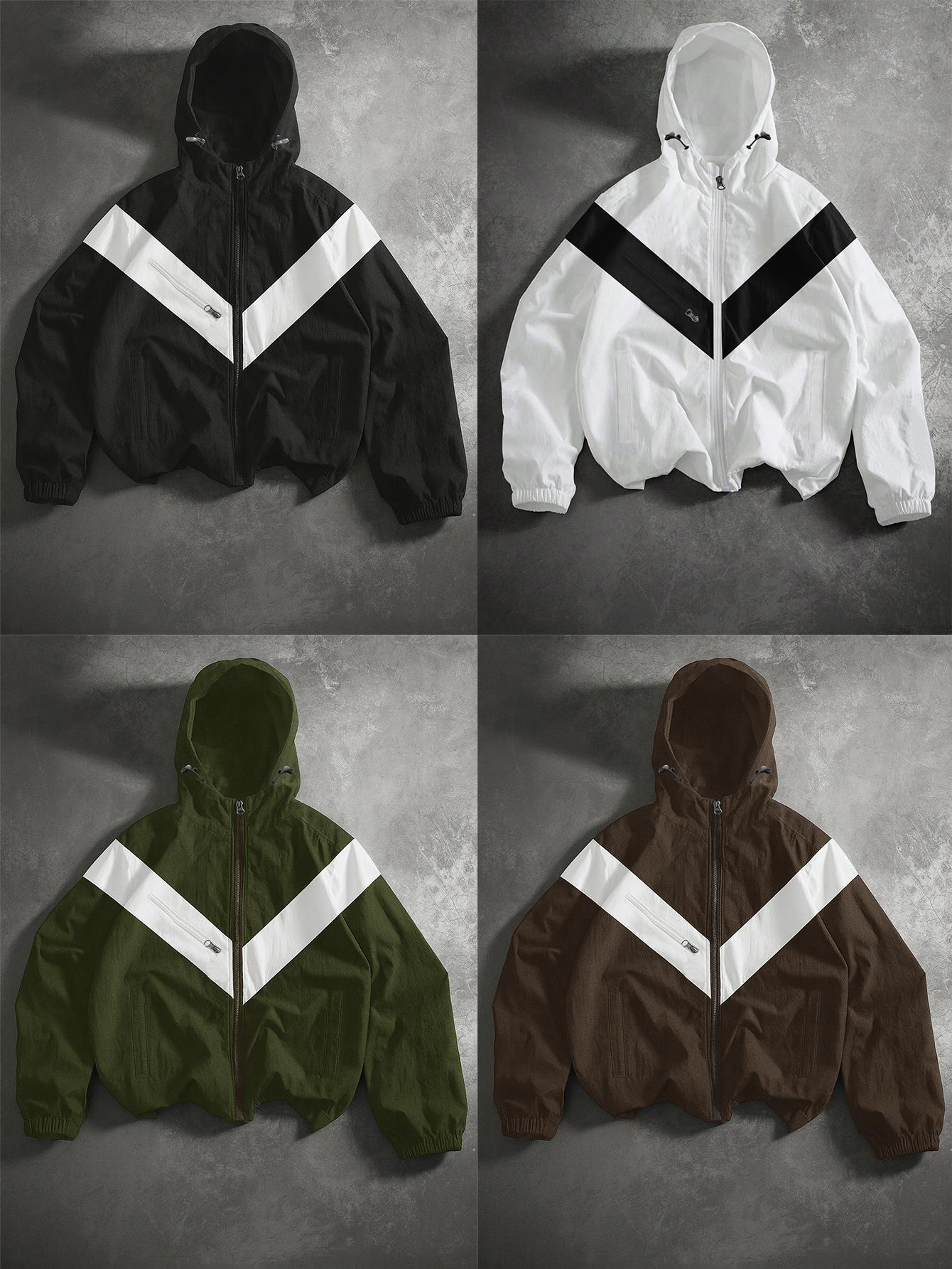 Men’s color-block lightweight hooded jacket made from windproof, abrasion-resistant fabric featuring slanted zip pockets—ideal for streetwear, trendy gatherings, everyday casual wear, and commuting; a versatile, lightweight jacket suitable for spring and