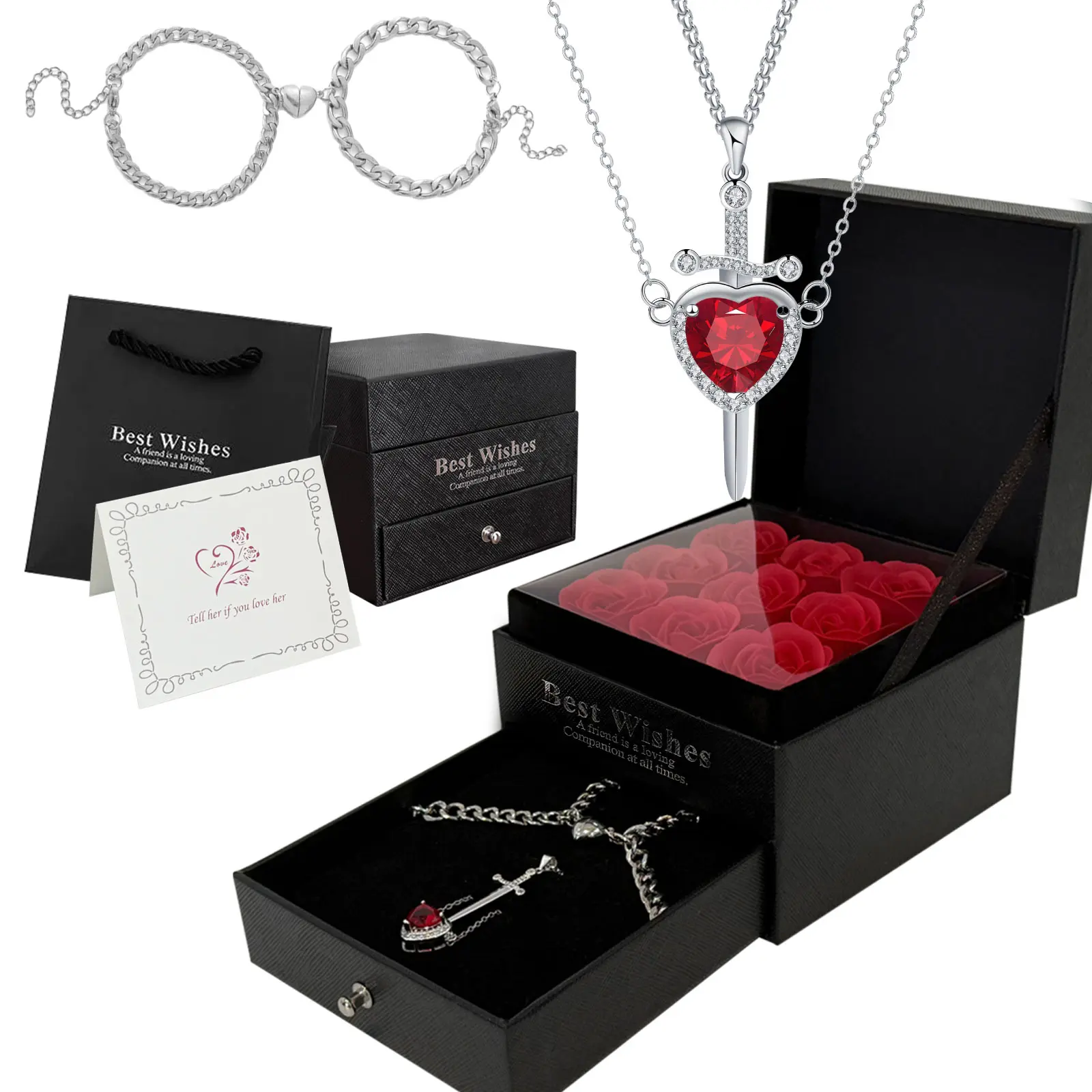Couple Love Bracelets & Heart and Sword Necklaces, 6-Set Eternal Rose Gift Box Preserved Forever Couple Jewelry Pendant Necklaces & Cuban Heart Bracelets for Wife Girl Friend Women in Birthday Anniversary Valentine's Day