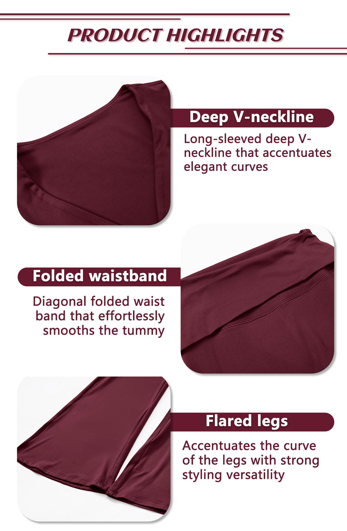 TIMEOFF Women's 2-Piece Long Sleeve Plunging V-Neck Set with Flipped Waist High-Waist Flared Leggings for Gym & Street Yoga Workout Activewear