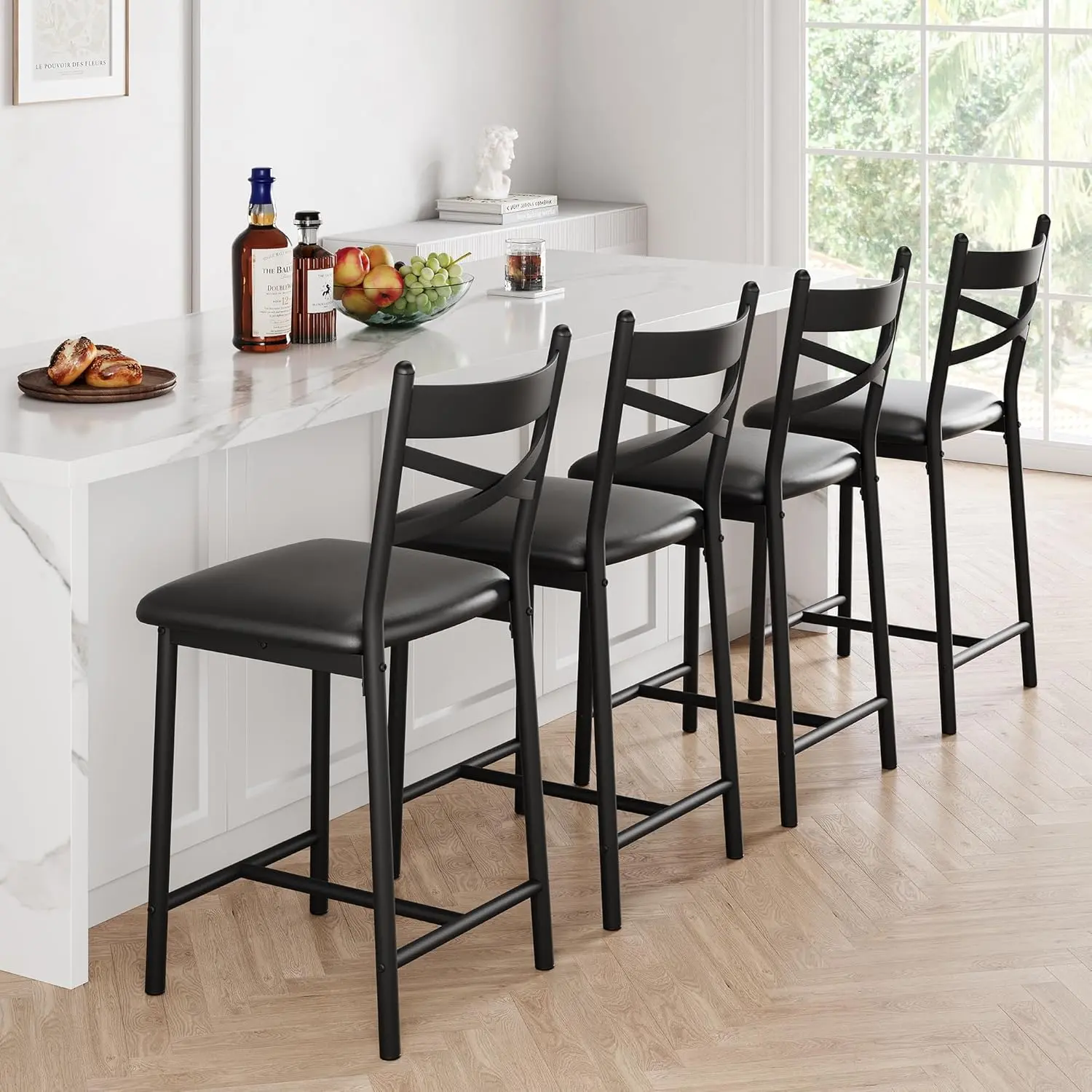 26" Counter Height Bar Stools Set of 2/4, Upholstered Bar Chairs with Back, Thick Sponge Cushion, Ergonomic Support, Stable Steel & MDF Structure, Waterproof PU Leather, Easy Assembly, for Kitchen Island, Apartment Counter, Dining Room Bar