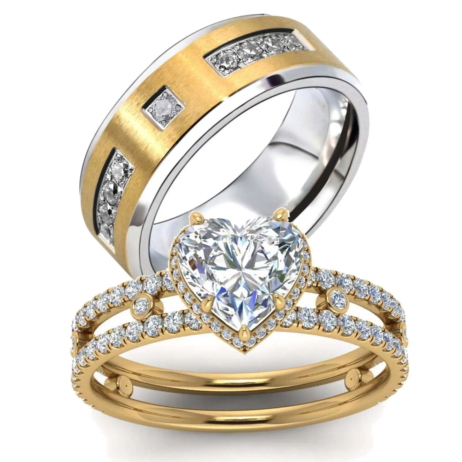 Ringcrown Couple Rings Matching Ring Heart 1.5ct CZ Yellow Golden Plated Women Wedding Ring For Him And Her Ring Sets Men Titanium Steel Wedding Band