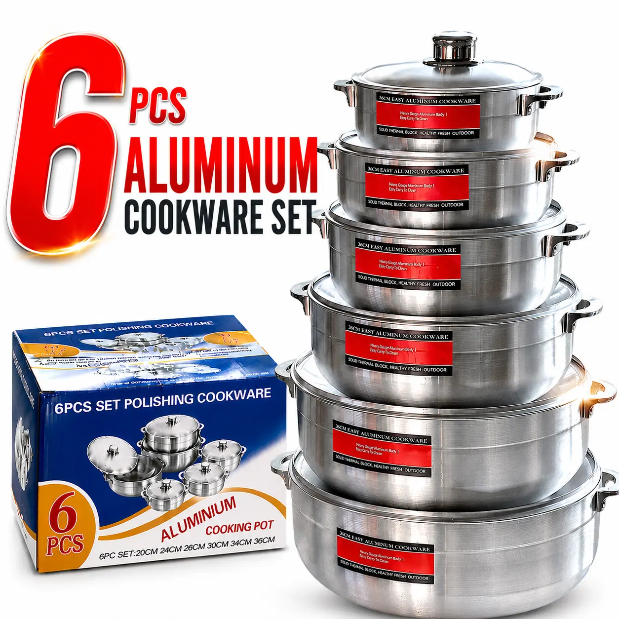 6-Piece Lightweight Aluminum Cookware Kitchen Set - Varied Sizes (20-36cm) Silver Stock Pots with Side Handles, Matching Thermal Lids for Daily Kitchen Cooking (Version 2), Stock Pot, Cookware Kitchen Sets