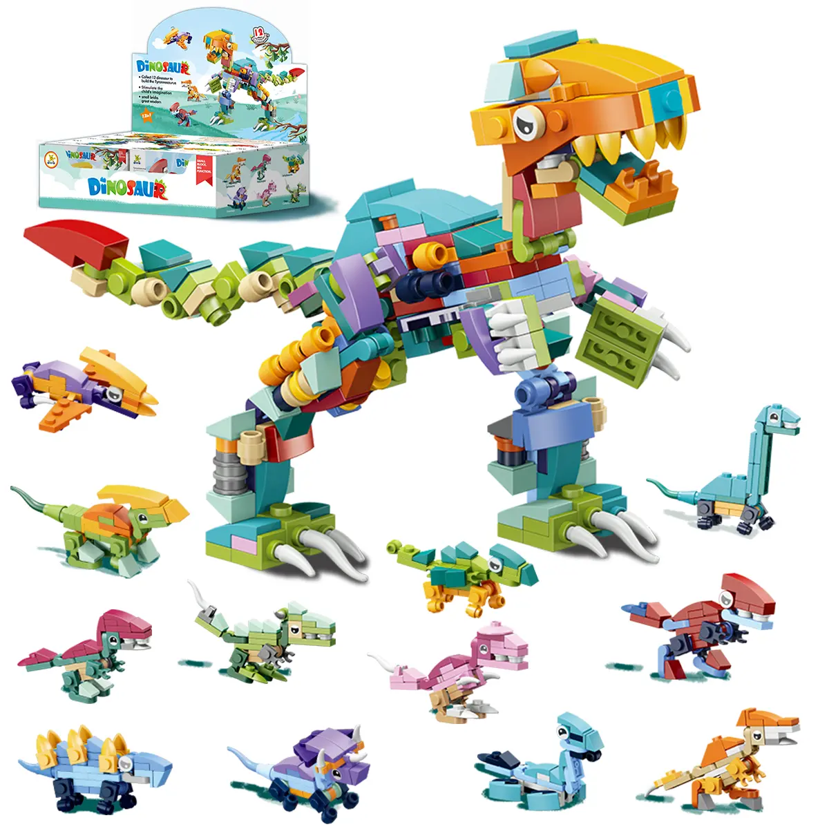 12-Piece Dinosaur Mini Building Blocks, 12-in-1 Tyrannosaurus Rex Construction Set with Fun Element, Teacher & Classroom Prize, Birthday Gift for 6-8 Years & Teens, Classroom Prizes