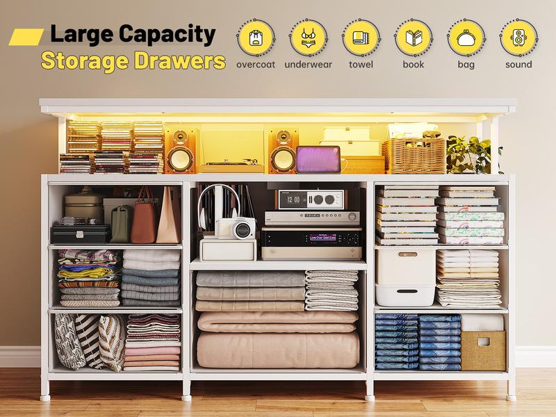 Raybee Dresser for Bedroom with 7 Drawers for 60" TV, with LED Lights & Charging Station, Long Dresser with Shelves & 4 Hooks, Sturdy Metal Frame & Fabric Drawers