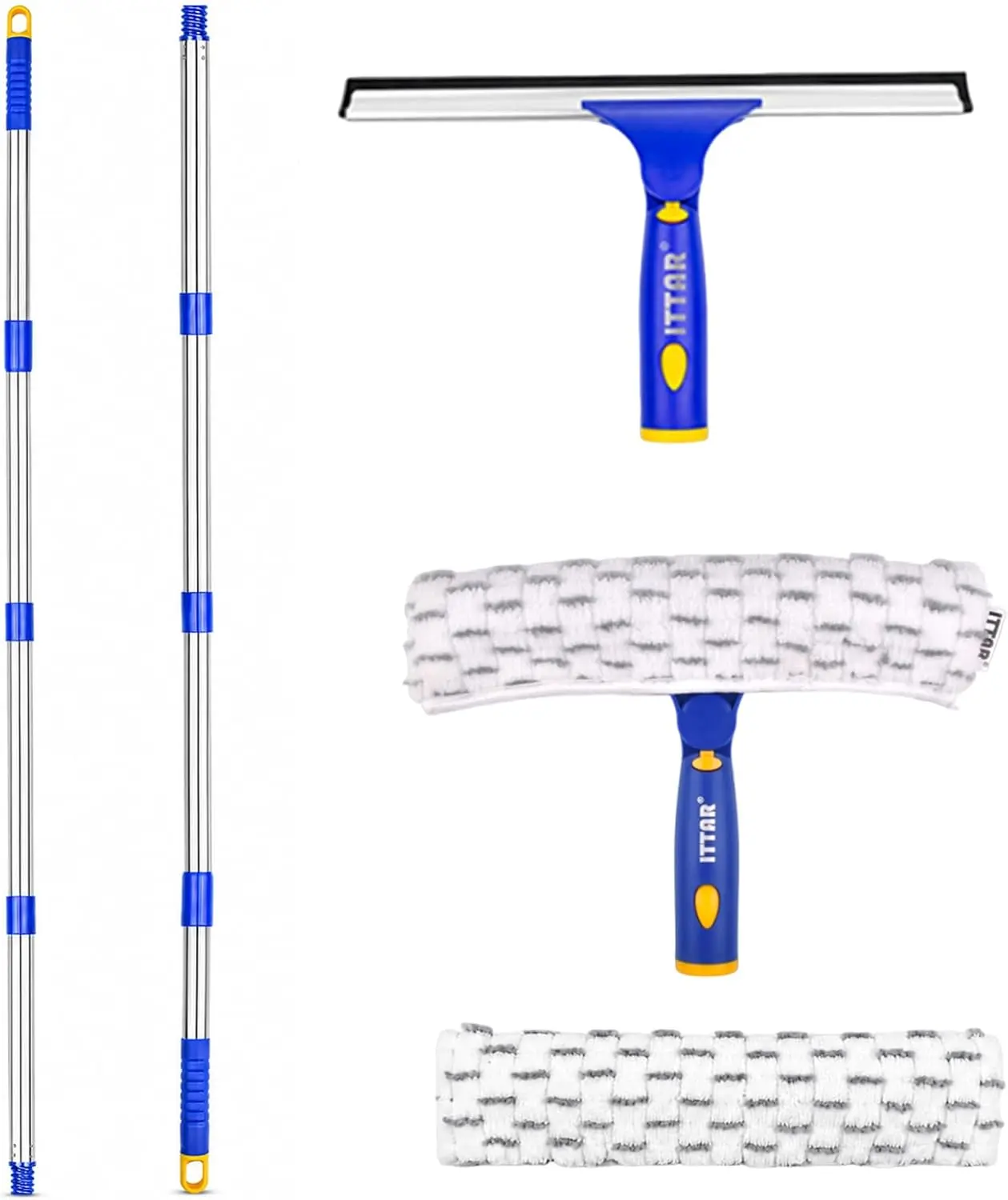 ITTAR Window Squeegee Cleaner with 2 Separate Pole Sets, 12-Inch Rubber Blade and 11-Inch Microfiber Scrubber, 60–73.6 Inch Telescopic Window Cleaning Kit with Rotating Head for High Windows and Shower Glass deep soft wash extendable smooth