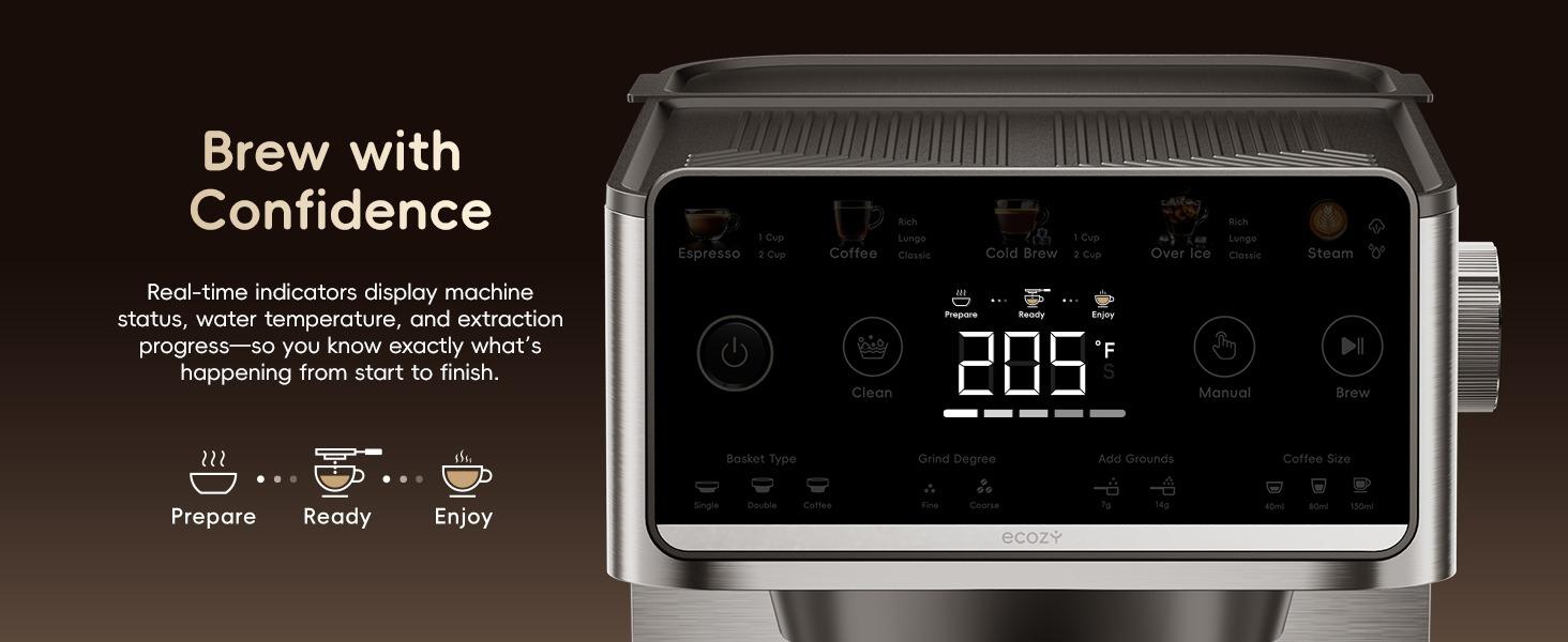 ecozy  4-in-1 Espresso Machine, Drip Coffee, Cold Brew and Over lce Machine with Touch Screen, Milk Frother Steam Wand, Stainless Steel, Coffee Maker for Cappuccinos, Lattes, Americanos