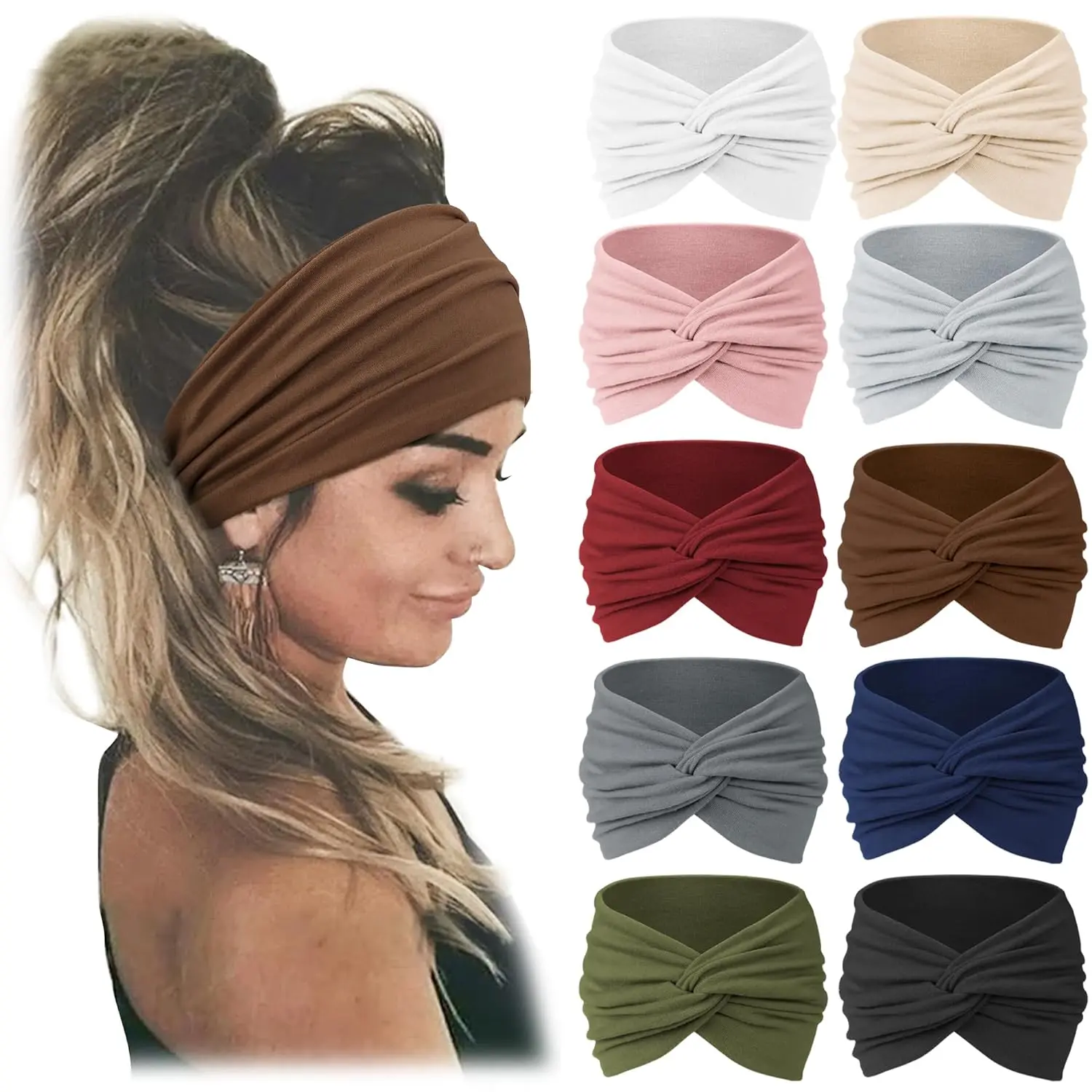 10PCS Women's African Wide Stretchy Headbands - Non-Slip, Soft, Individually Wrapped Sweatband Hair Wraps with Cute Patterns for Yoga, Workout Use (Ideal for Friends, Moms), 9.2 Inches Long