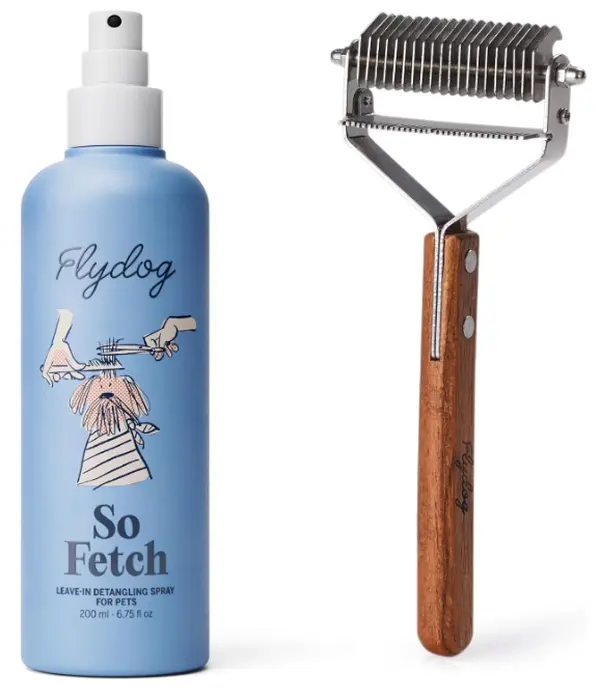 FlyDog Detangler Combo for Dogs & Cats - Leave-in Hair Detangler Spray, Tailored Dematting Brush, Coat Conditioner with Anti-Static, Deodorizing Long-Lasting Freshness for All Breeds & Coat Types (No Extra Brush Needed), Odour Control, Paraben-Free