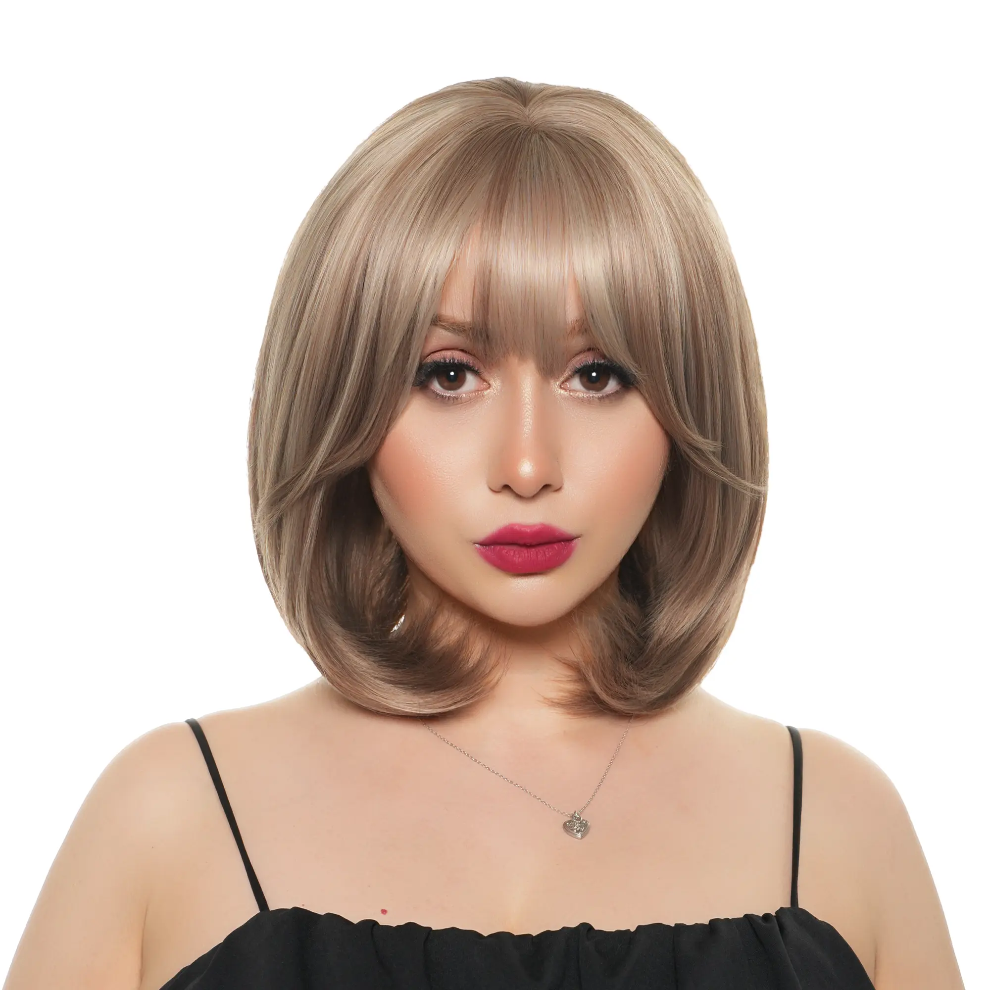 New 'DOLLY' 11-inch Light Chestnut & Blonde Dimensional Blend (Blonde Highlights, Light Chestnut Brown Lowlights) Straight w/ Stylable Flicked/Tucked Ends & Soft Face-framing Layers Synthetic Wig | 【Heat Resistant】【Cap Included】 | 62FSGB